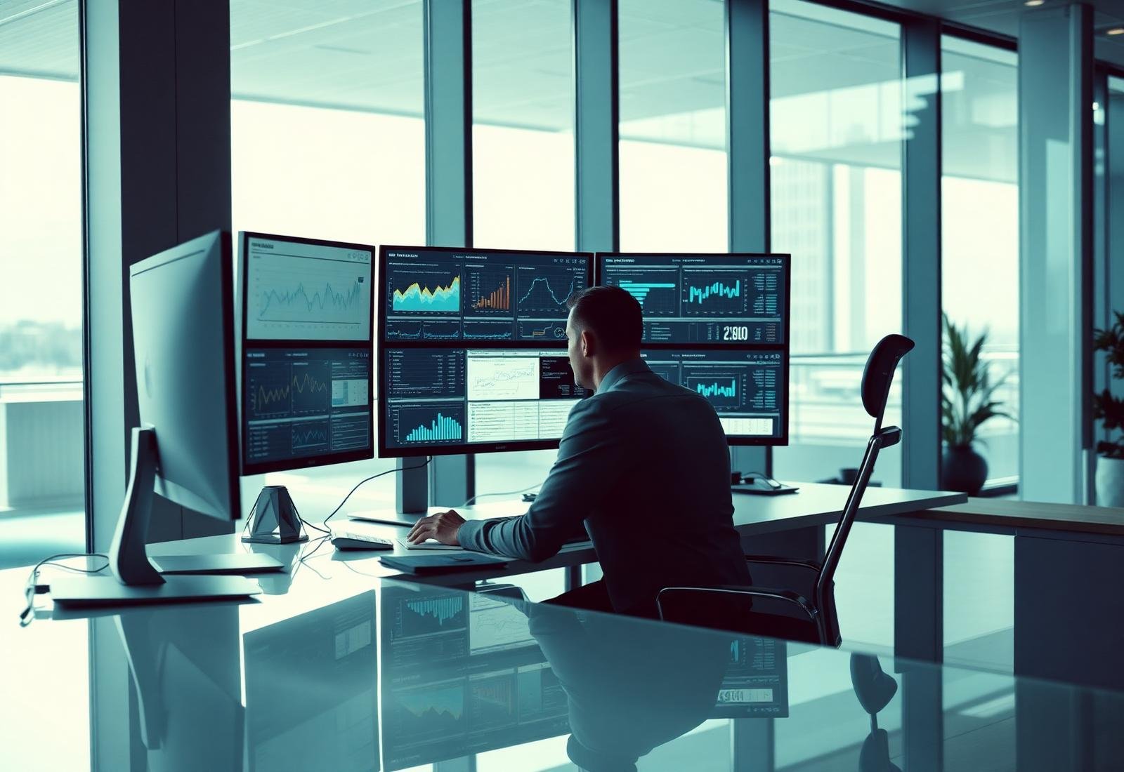 Accountant reviewing financial reports on multiple monitors